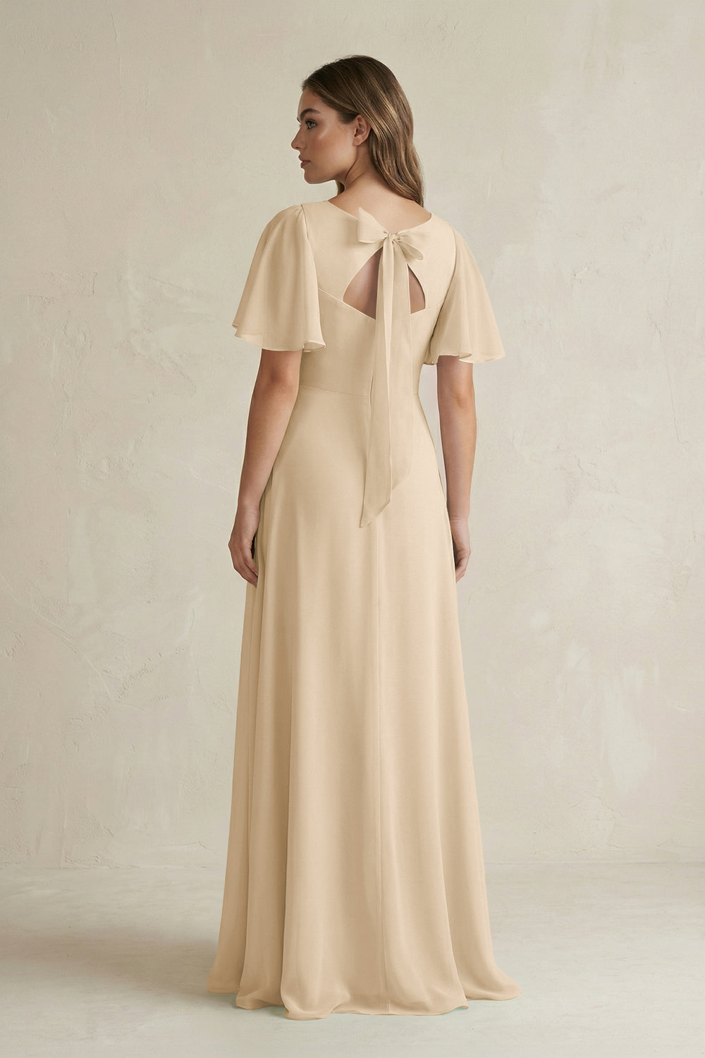 Flutter Sleeve V-Neck A-Line Chiffon Bridesmaid Dress in Champagne