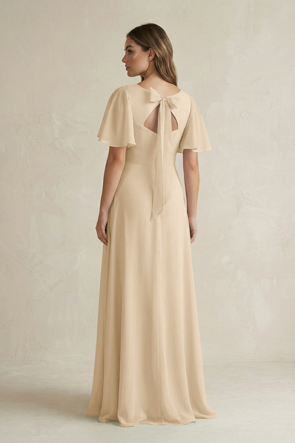 Champagne Flutter Sleeve V-Neck A-Line Chiffon Bridesmaid Dress (2) | KISSBRIDAL