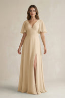 Champagne Flutter Sleeve V-Neck A-Line Chiffon Bridesmaid Dress | KISSBRIDAL