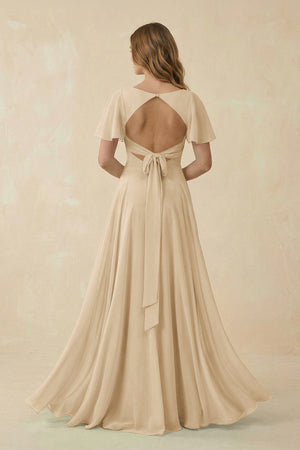 Champagne Flutter Sleeve V-Neck Chiffon A-Line Bridesmaid Dress (2) | KISSBRIDAL