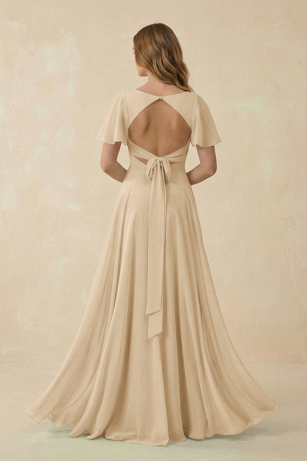 Champagne Flutter Sleeve V-Neck Chiffon A-Line Bridesmaid Dress (2) | KISSBRIDAL