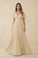 Champagne Flutter Sleeve V-Neck Chiffon A-Line Bridesmaid Dress | KISSBRIDAL