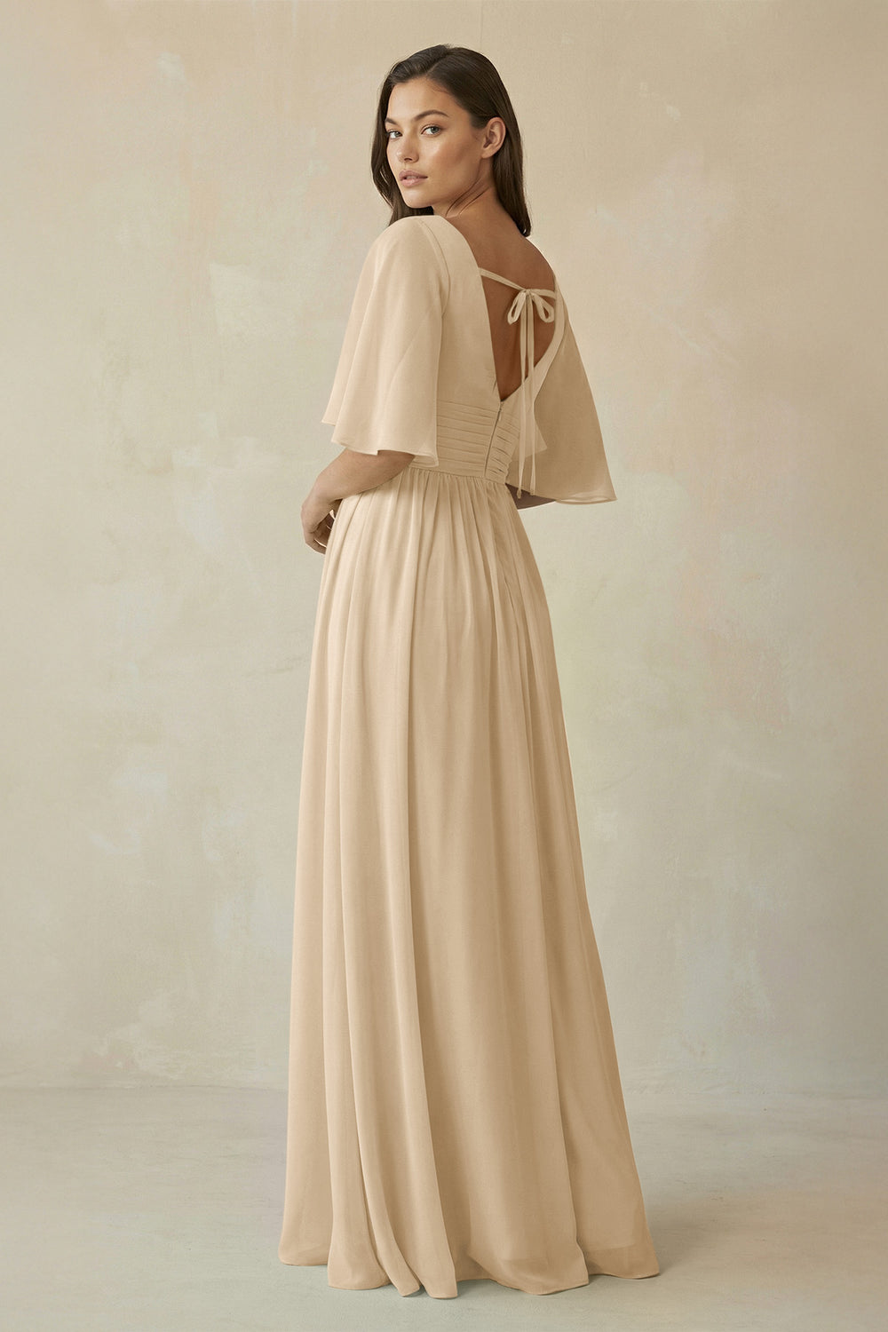 Half Sleeve V-Neck A-Line Chiffon Bridesmaid Gown in Champagne