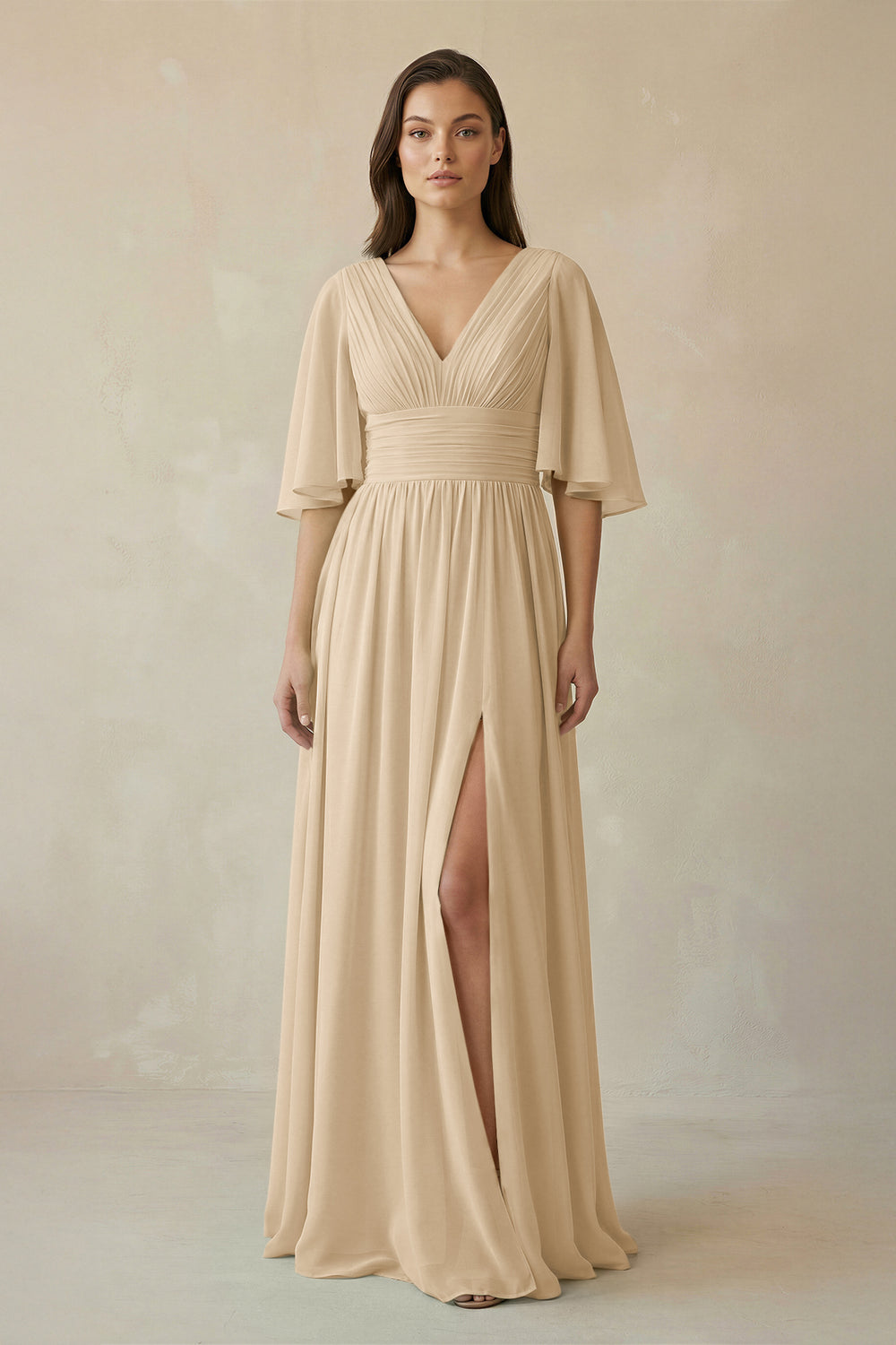 Half Sleeve V-Neck A-Line Chiffon Bridesmaid Gown in Champagne