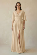 Champagne Half Sleeve V-Neck A-Line Chiffon Bridesmaid Gown | KISSBRIDAL