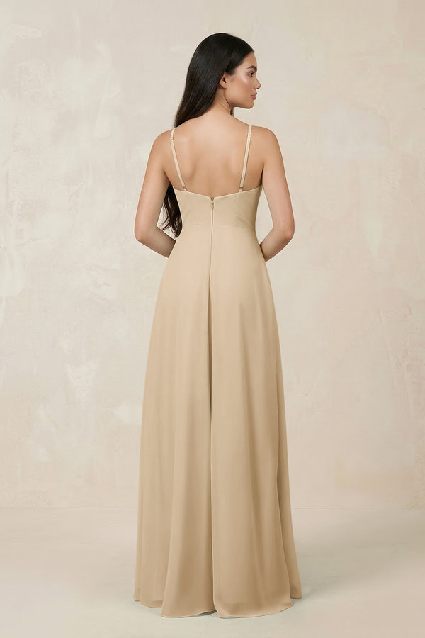 Champagne Halter Chiffon A-Line Bridesmaid Dress With Slit (2) | KISSBRIDAL