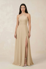 Champagne Halter Chiffon A-Line Bridesmaid Dress With Slit | KISSBRIDAL