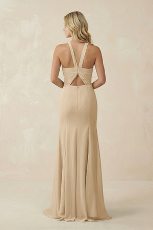 Champagne Halter Chiffon Mermaid Ruched Bridesmaid Dress (2) | KISSBRIDAL