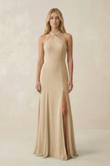Champagne Halter Chiffon Mermaid Ruched Bridesmaid Dress | KISSBRIDAL