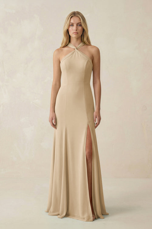 Champagne Halter Chiffon Mermaid Ruched Bridesmaid Dress | KISSBRIDAL