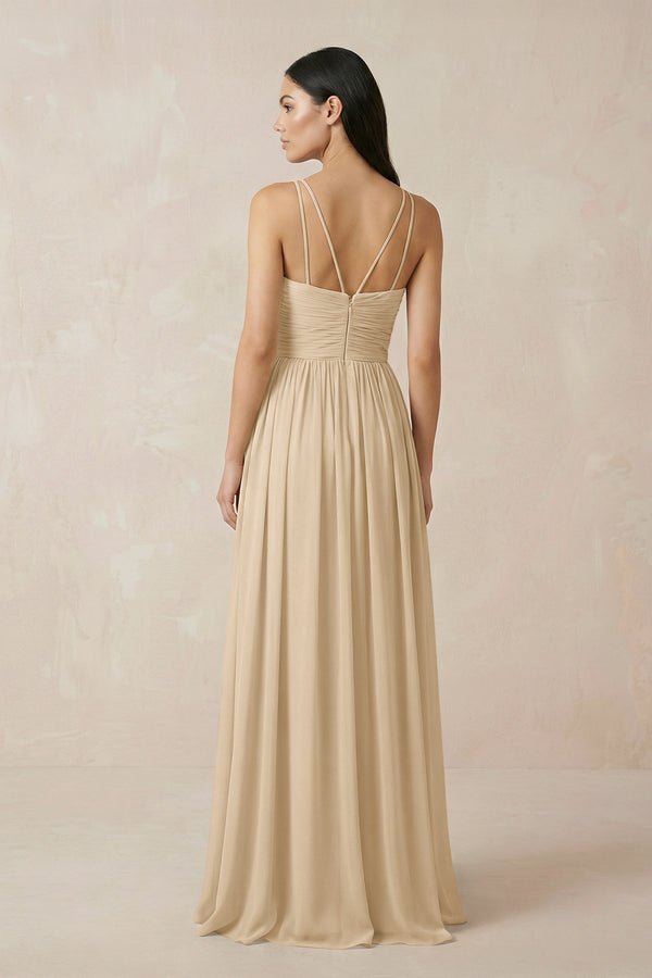 Champagne Halter Neck A-Line Chiffon Bridesmaid Dress (2) | KISSBRIDAL