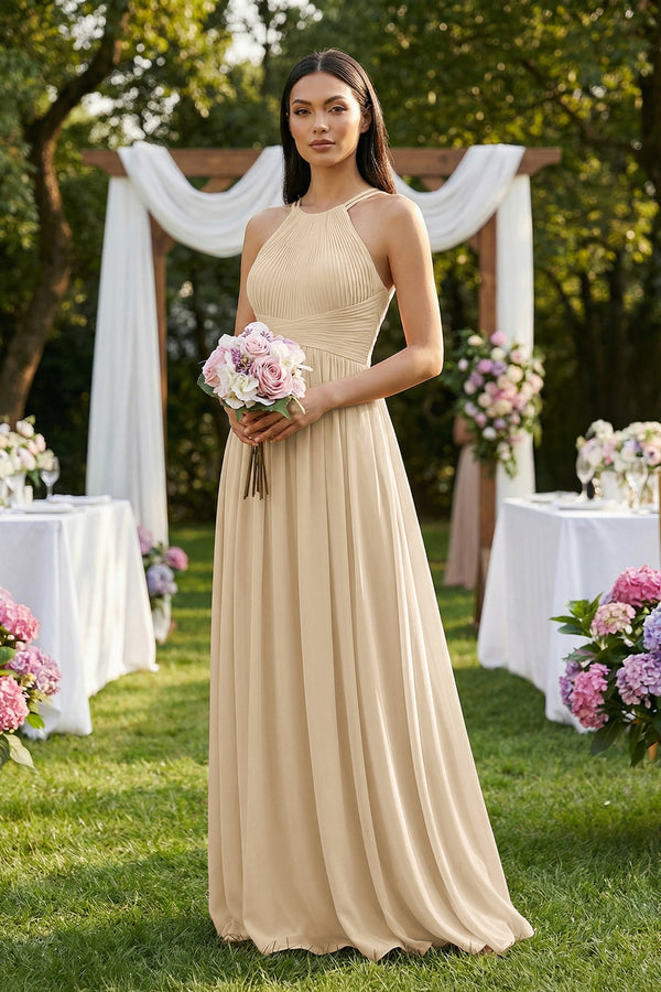 Champagne Halter Neck A-Line Chiffon Bridesmaid Dress (3) | KISSBRIDAL
