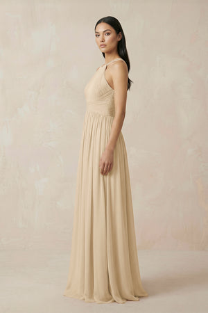 Champagne Halter Neck A-Line Chiffon Bridesmaid Dress (4) | KISSBRIDAL