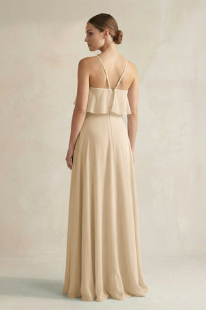 Champagne Halter Neck A-Line Chiffon Bridesmaid Dress with Keyhole (2) | KISSBRIDAL