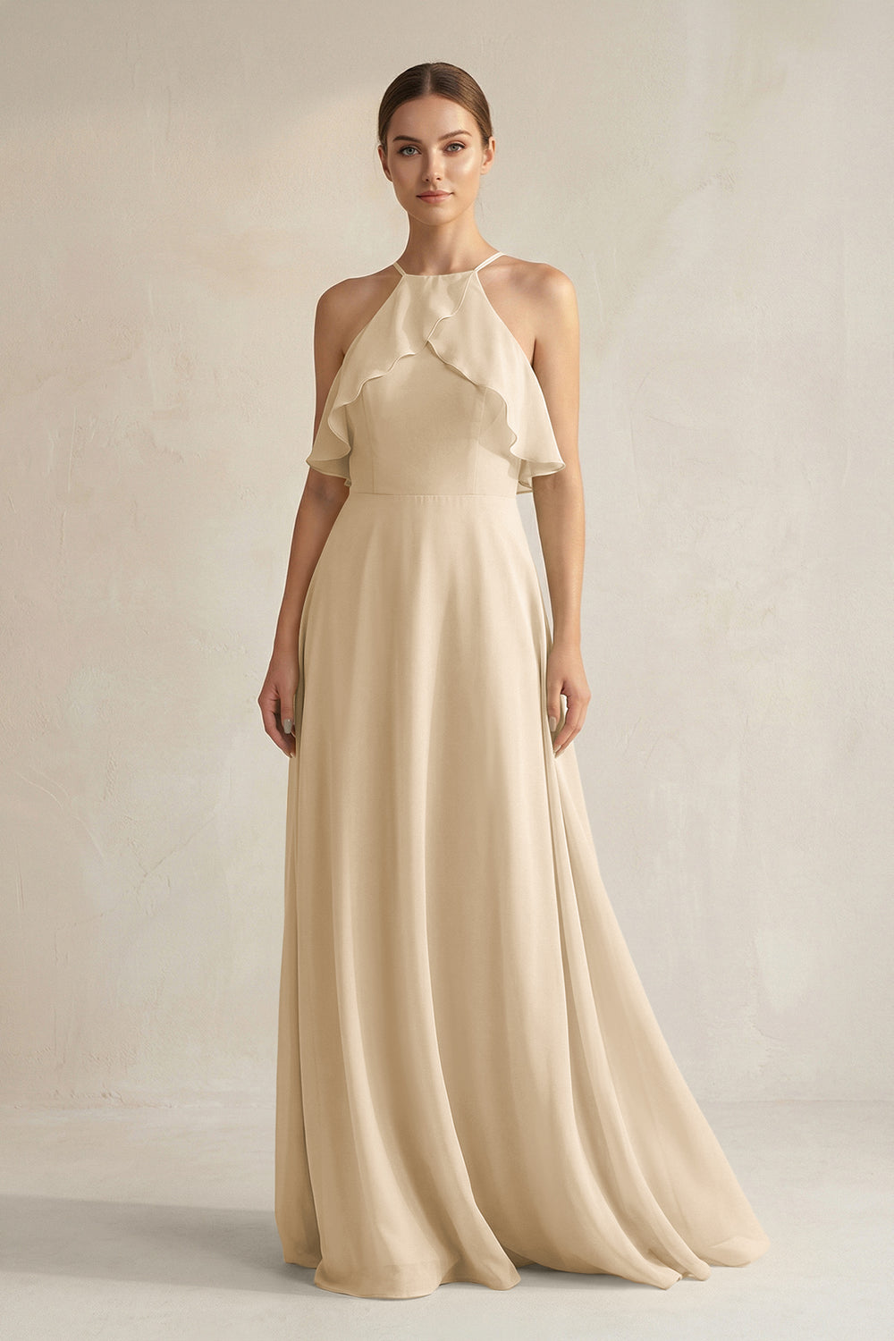 Halter Neck A-Line Chiffon Bridesmaid Dress with Keyhole in Champagne
