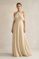 Champagne Halter Neck A-Line Chiffon Bridesmaid Dress with Keyhole | KISSBRIDAL