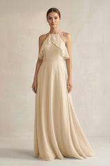 Champagne Halter Neck A-Line Chiffon Bridesmaid Dress with Keyhole | KISSBRIDAL