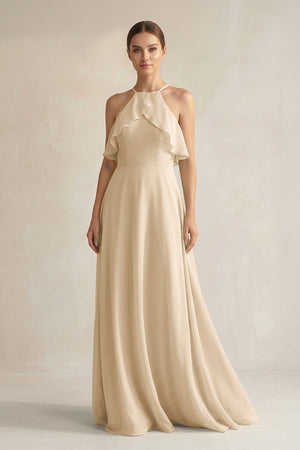 Champagne Halter Neck A-Line Chiffon Bridesmaid Dress with Keyhole | KISSBRIDAL