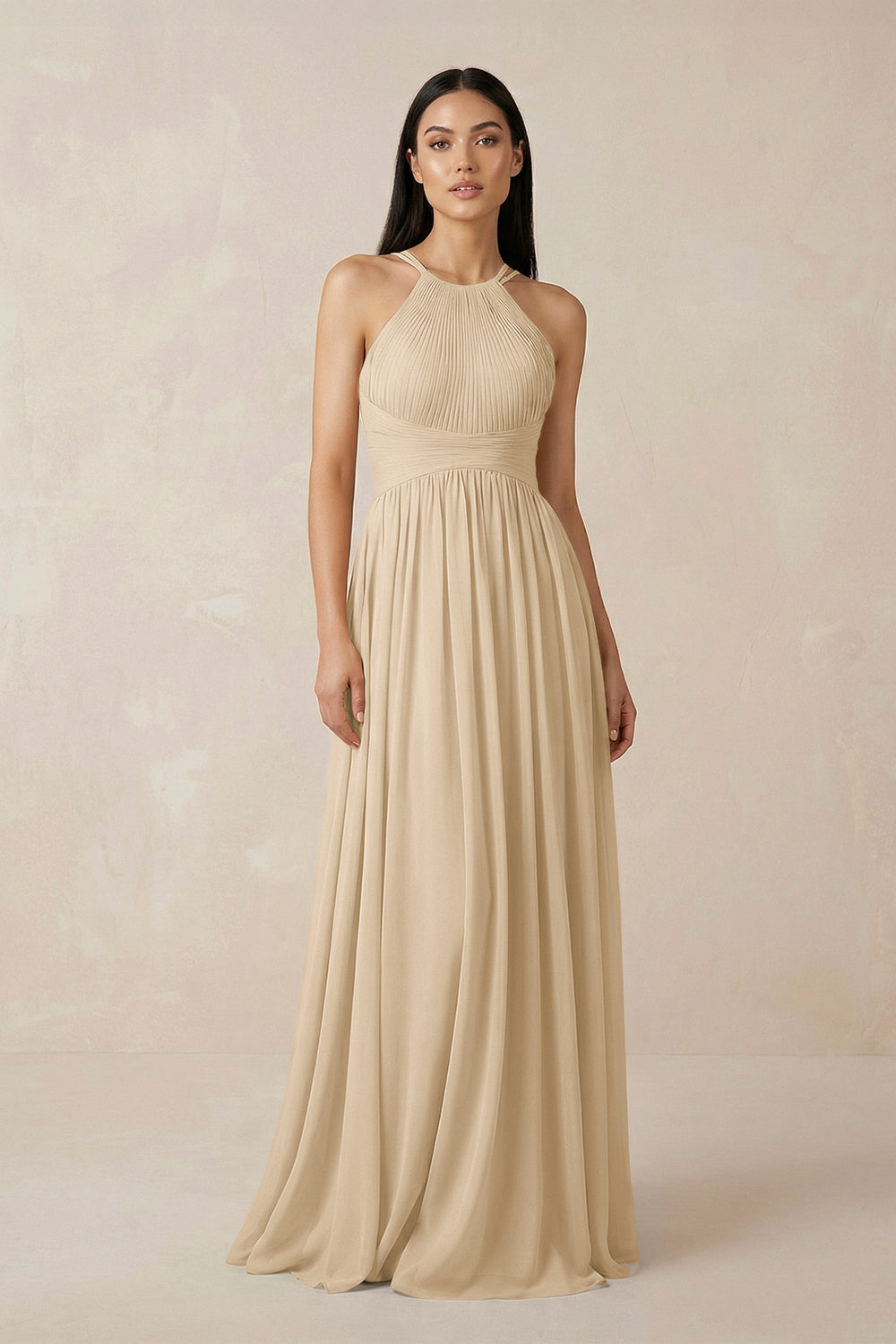 Halter Neck A-Line Chiffon Bridesmaid Dress in Champagne