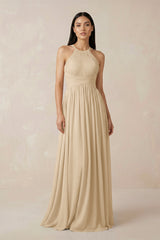 Champagne Halter Neck A-Line Chiffon Bridesmaid Dress | KISSBRIDAL
