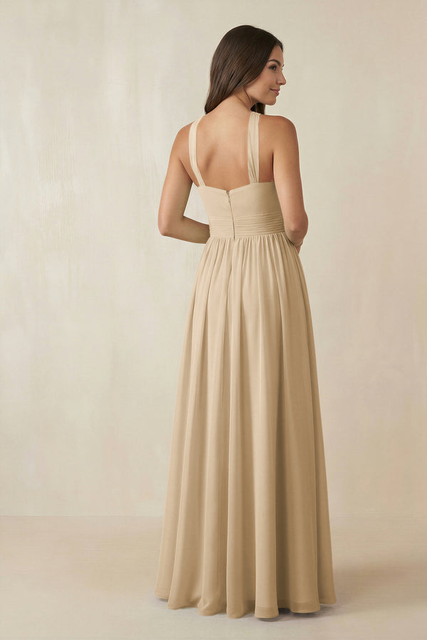 Champagne Halter Neck Ruched A-Line Chiffon Bridesmaid Dress (2) | KISSBRIDAL