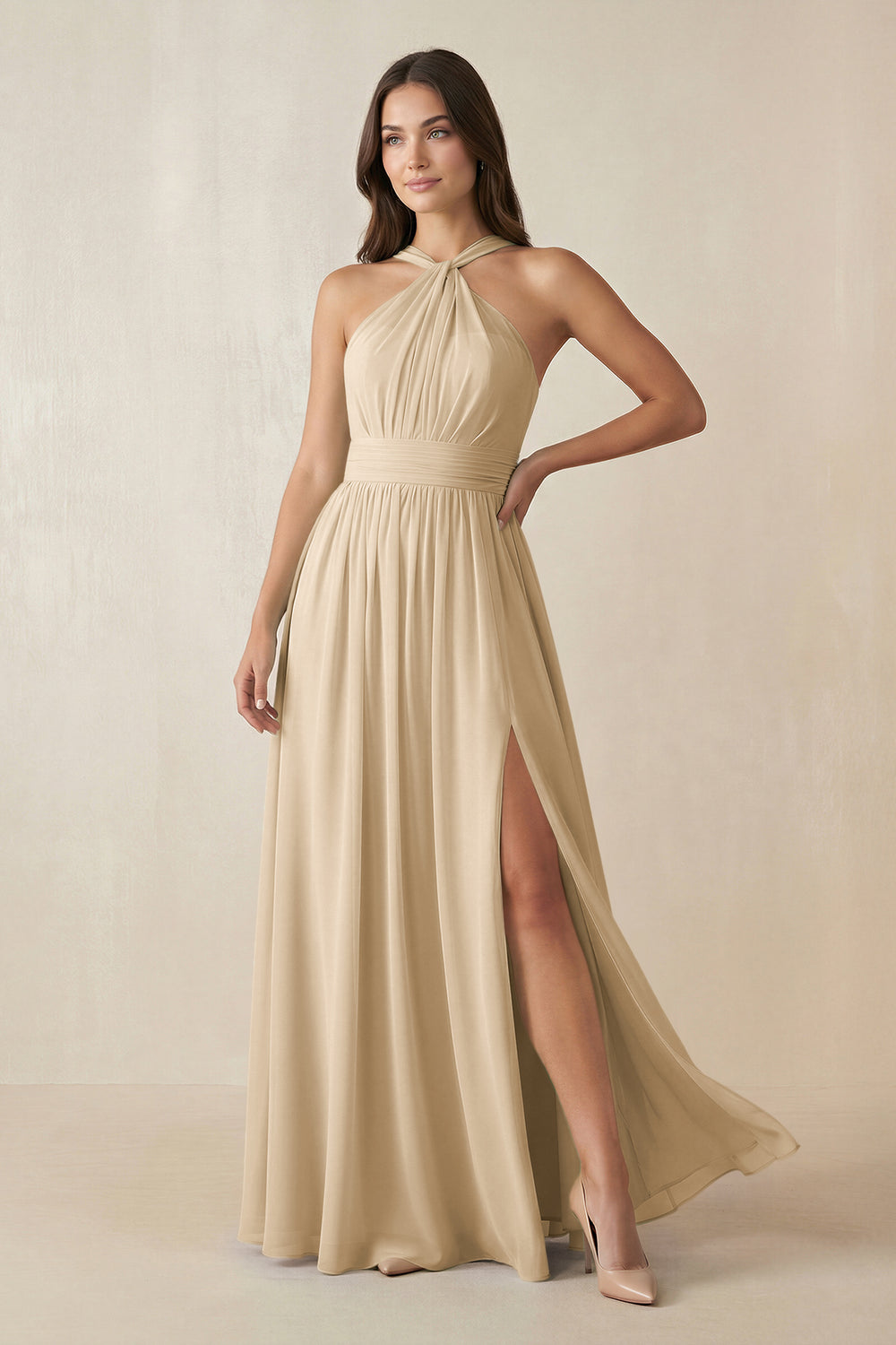Halter Neck Ruched A-Line Chiffon Bridesmaid Dress in Champagne