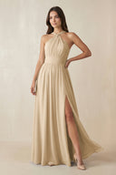 Champagne Halter Neck Ruched A-Line Chiffon Bridesmaid Dress | KISSBRIDAL