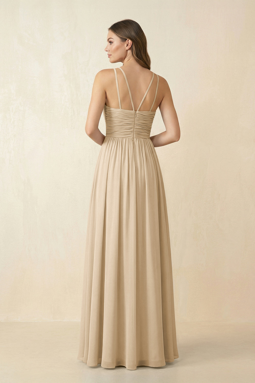 Halter Pleated A-Line Chiffon Bridesmaid Dress in Champagne