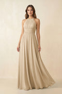 Champagne Halter Pleated A-Line Chiffon Bridesmaid Dress | KISSBRIDAL