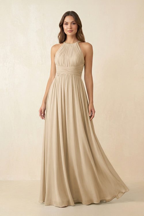 Champagne Halter Pleated A-Line Chiffon Bridesmaid Dress | KISSBRIDAL