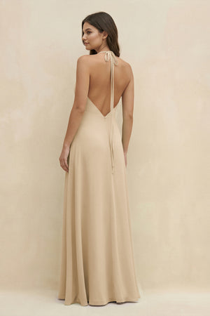 Champagne Halter Sheath Long Chiffon Bridesmaid Dress (2) | KISSBRIDAL