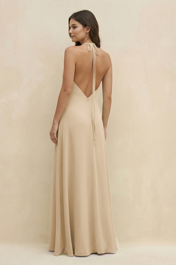 Champagne Halter Sheath Long Chiffon Bridesmaid Dress (2) | KISSBRIDAL