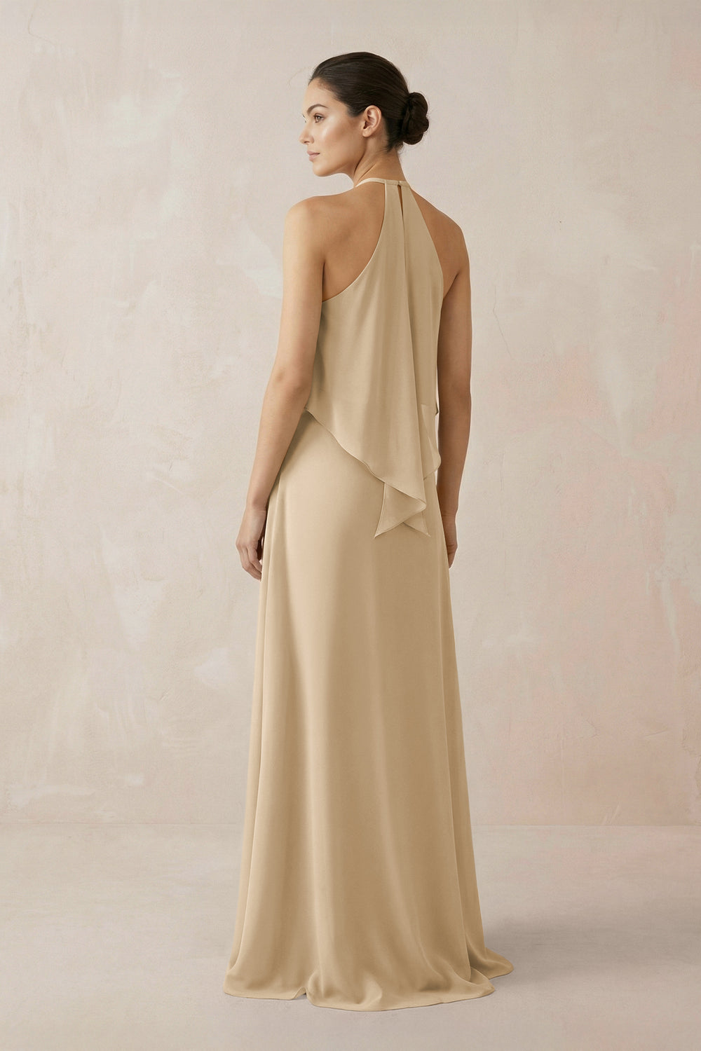 Halter Sheath Ruffled Chiffon Bridesmaid Dress in Champagne