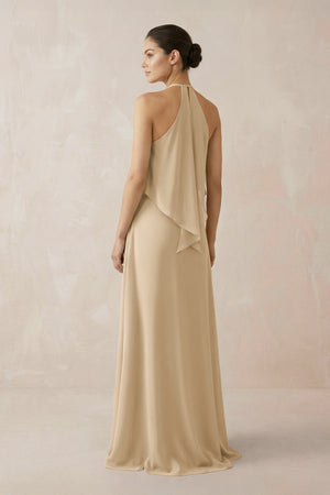 Champagne Halter Sheath Ruffled Chiffon Bridesmaid Dress (2) | KISSBRIDAL