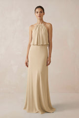 Champagne Halter Sheath Ruffled Chiffon Bridesmaid Dress | KISSBRIDAL