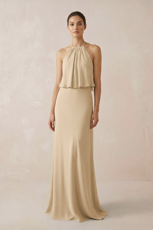 Champagne Halter Sheath Ruffled Chiffon Bridesmaid Dress | KISSBRIDAL