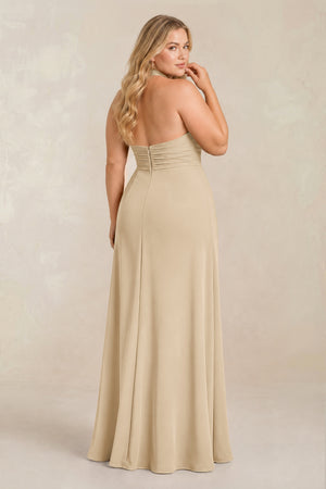 Champagne High Neck Chiffon Sheath Ruched Bridesmaid Dress (2) [sizeplus] | KISSBRIDAL