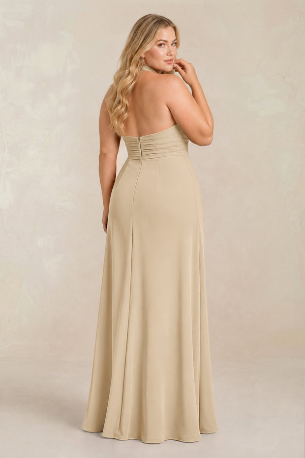 Champagne High Neck Chiffon Sheath Ruched Bridesmaid Dress (2) [sizeplus] | KISSBRIDAL