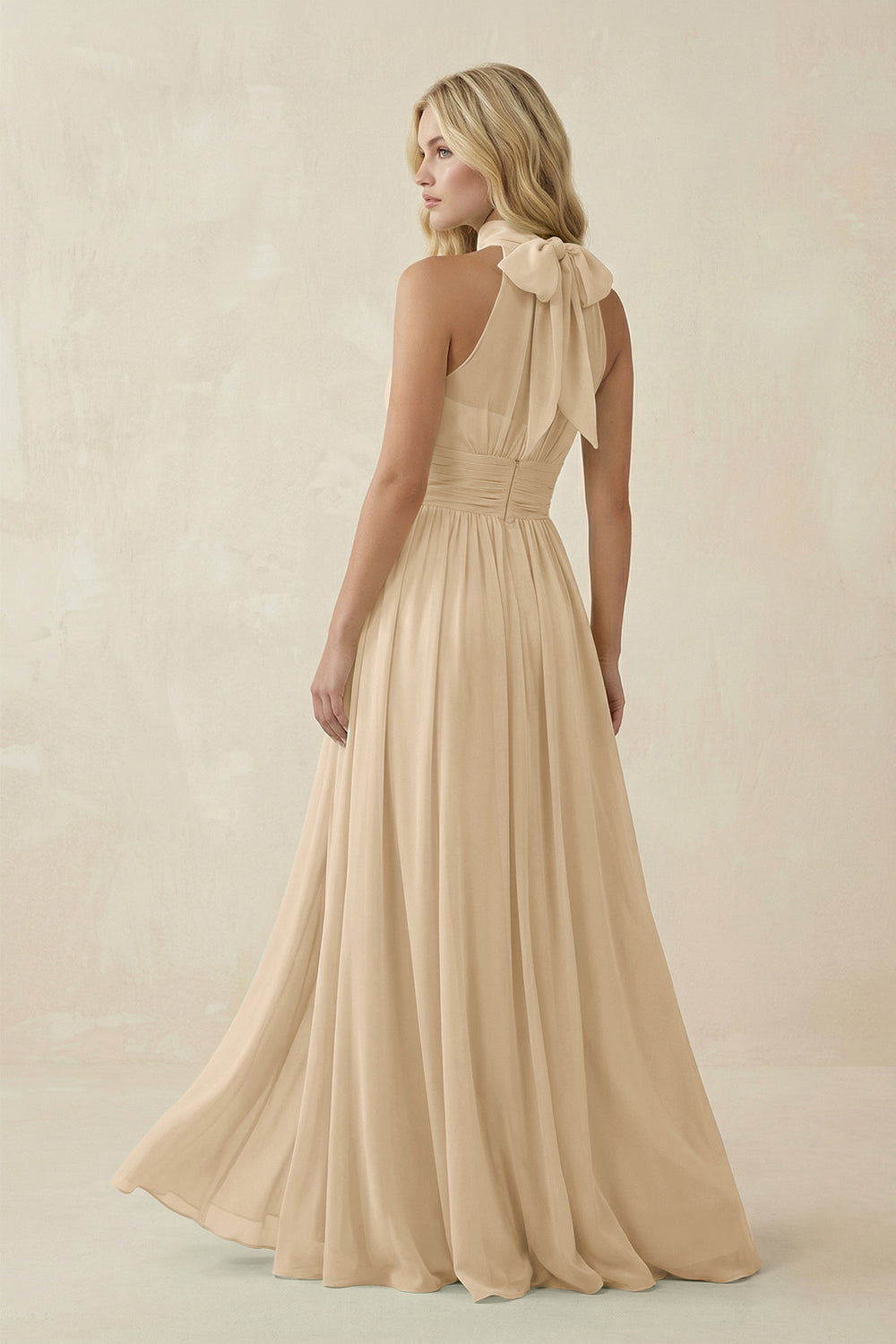 Illusion Halter A-Line Chiffon Bridesmaid Gown in Champagne