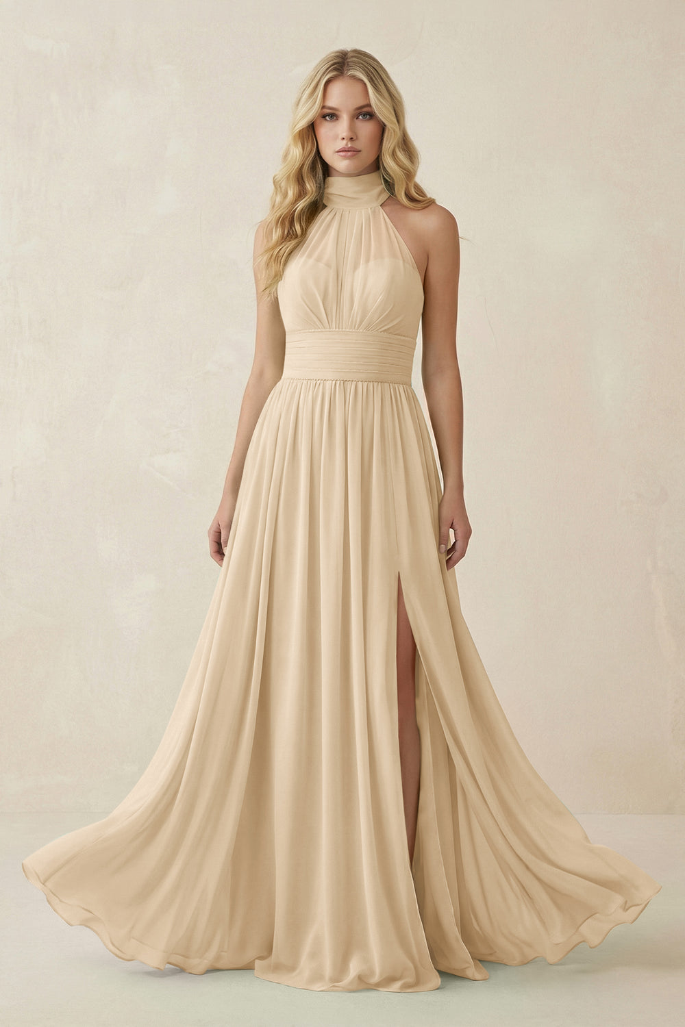 Illusion Halter A-Line Chiffon Bridesmaid Gown in Champagne