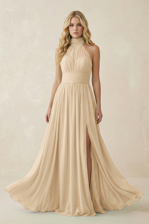 Champagne Illusion Halter A-Line Chiffon Bridesmaid Gown | KISSBRIDAL