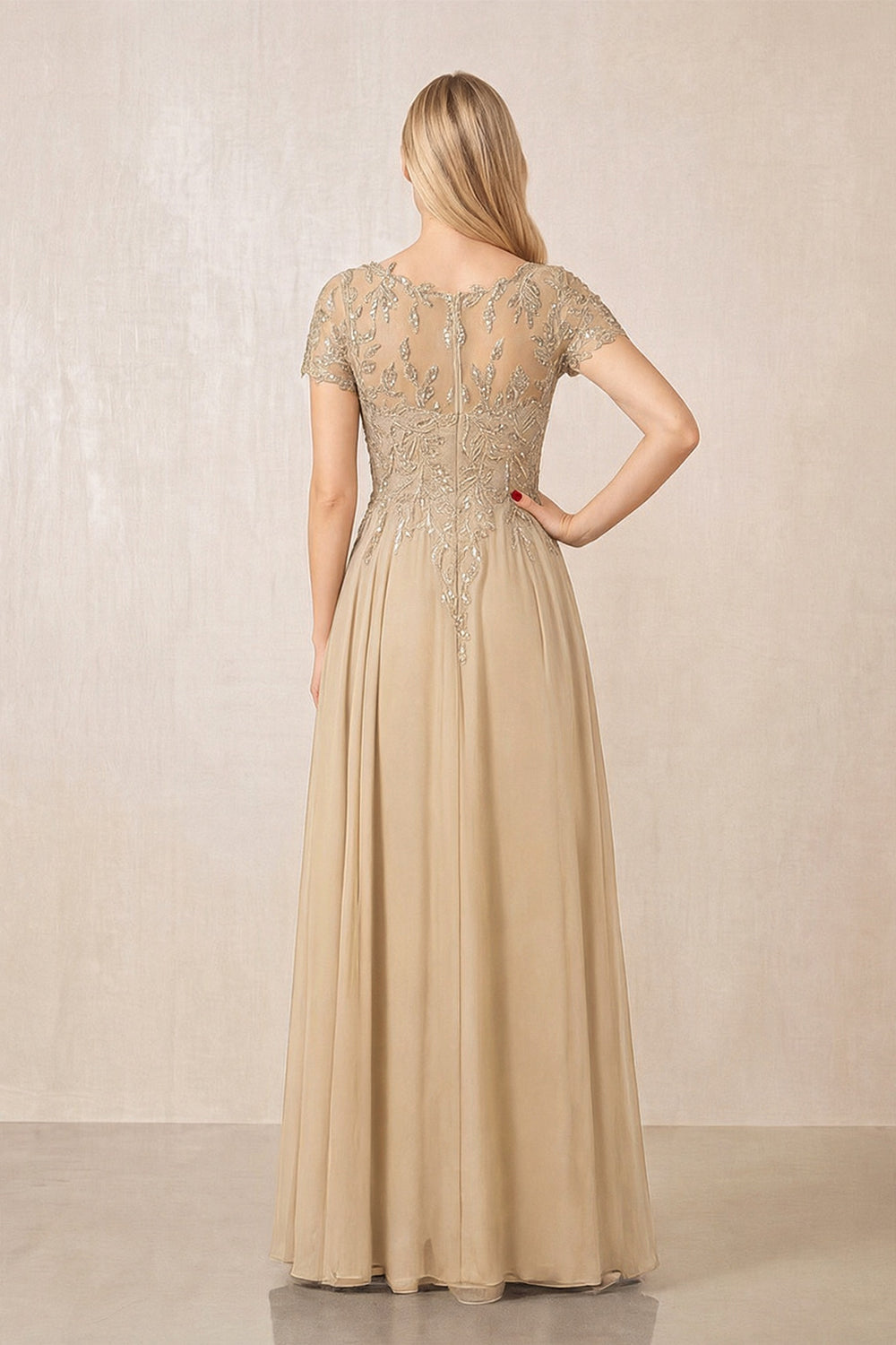 Champagne Illusion Neck A-Line Chiffon Cap Sleeves Mother of the Bride Dress