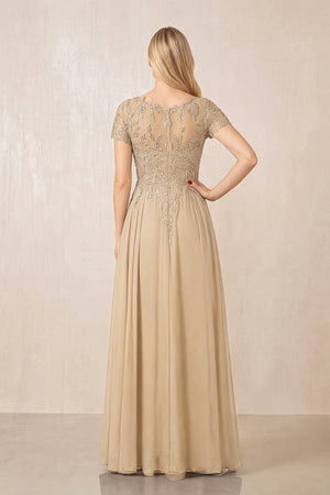 Champagne Illusion Neck A-Line Chiffon Cap Sleeves Mother of the Bride Dress (2) | KISSBRIDAL