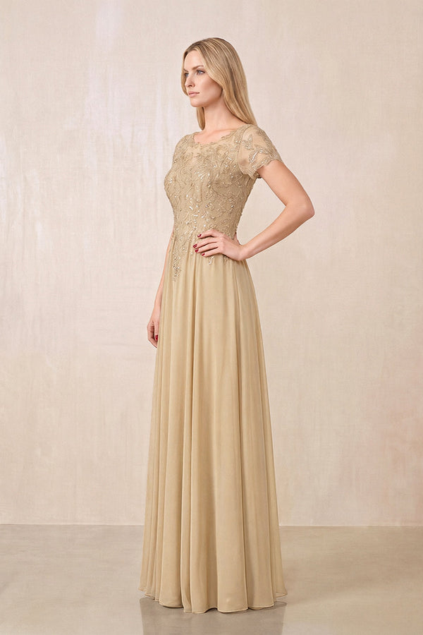 Champagne Illusion Neck A-Line Chiffon Cap Sleeves Mother of the Bride Dress (3) | KISSBRIDAL