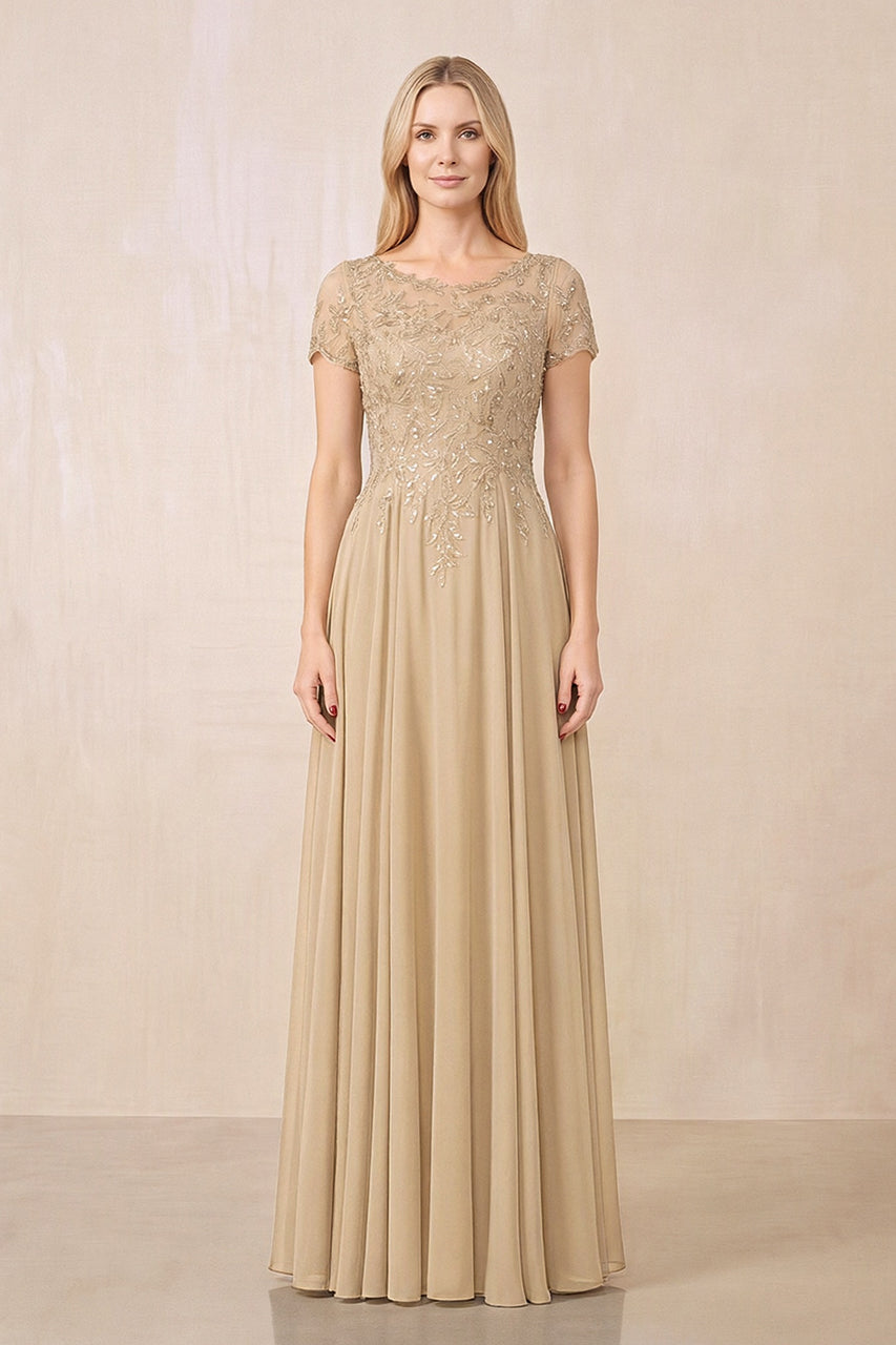 Champagne Illusion Neck A-Line Chiffon Cap Sleeves Mother of the Bride Dress