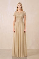 Champagne Illusion Neck A-Line Chiffon Cap Sleeves Mother of the Bride Dress | KISSBRIDAL
