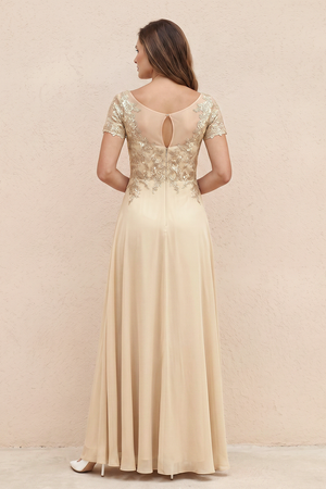Champagne Illusion Neck A-Line Chiffon Embroidered Mother of the Bride Dress with Sleeves (2) | KISSBRIDAL