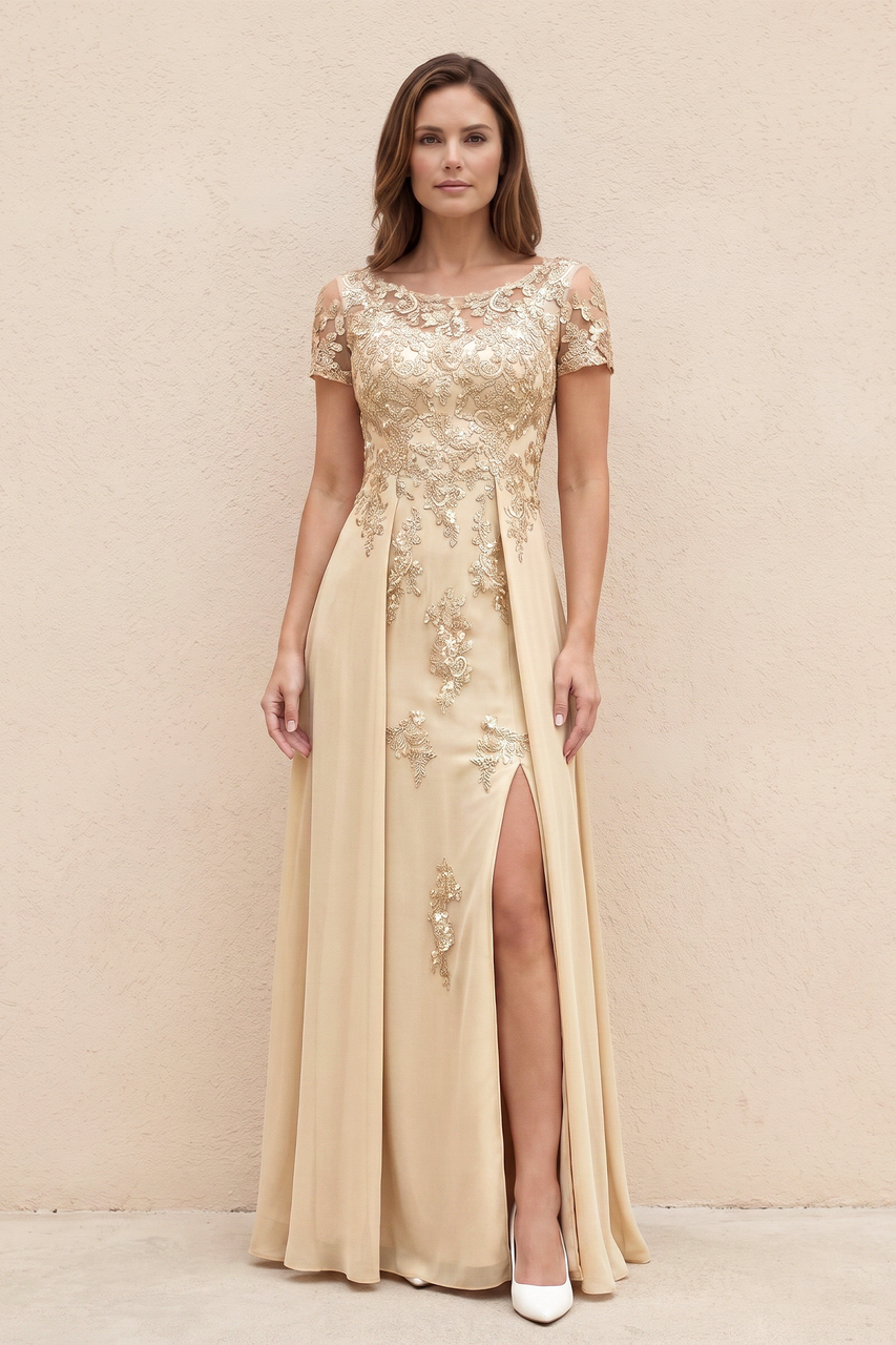 Champagne Illusion Neck A-Line Chiffon Embroidered Mother of the Bride Dress with Sleeves