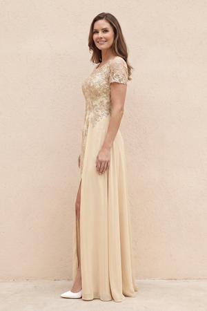Champagne Illusion Neck A-Line Chiffon Embroidered Mother of the Bride Dress with Sleeves | KISSBRIDAL