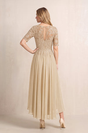 Champagne Illusion Neck A-Line Chiffon Lace Midi Mother of the Bride Dress with Half Sleeves (2) | KISSBRIDAL